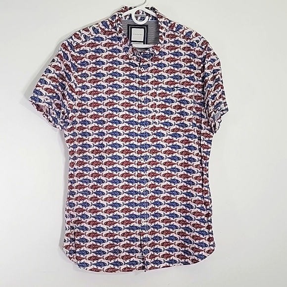 ZIPCODE Mens Shark Print Short Sleeve Casual Button Up Shirt - Picture 1 of 12